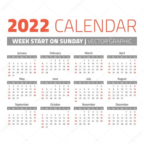 Calendário Do Ano 2022 Simples — Vetores De Stock © 123sasha 163445154