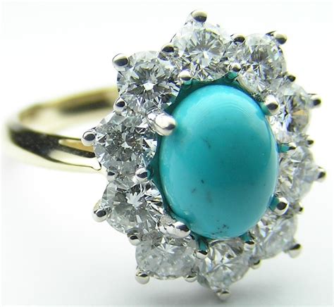 European Engagement Ring Oval Turquoise Flower Diamond Halo Ring In
