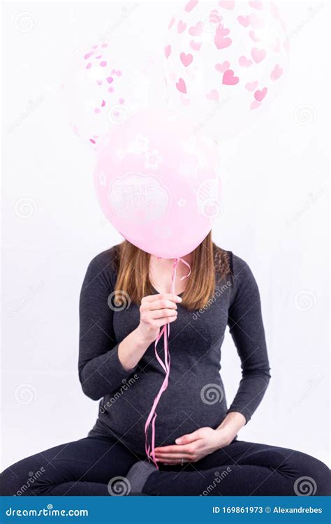 Young Pregnant Woman Sitting With Balloons Gender Reveal It`s A Girl Stock Image Image Of