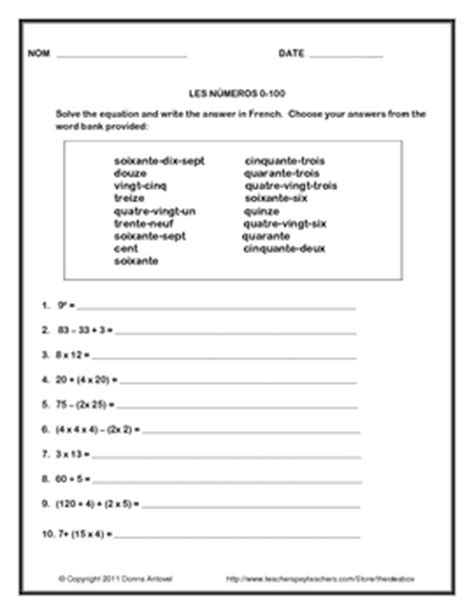 French Math Worksheet - Numbers 0-100 by Donna Antovel | TpT