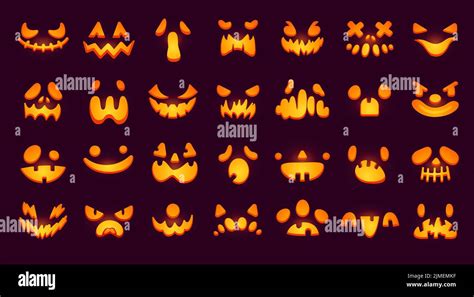 Glowing Pumpkin Faces Glow Eyes And Teeth Mouth Of Scary Halloween