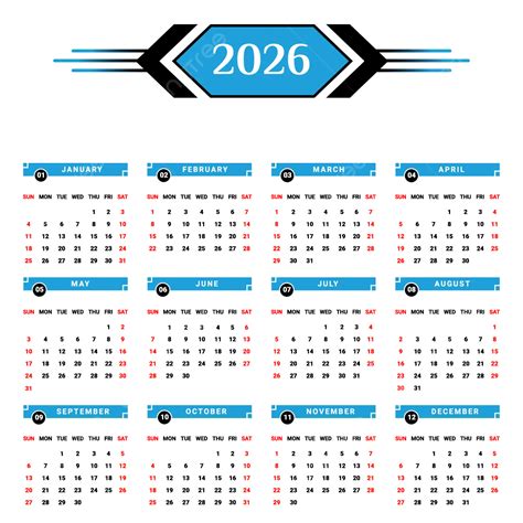 2026 Yearly Calendar With Black And Skyblue Unique Shape Vector