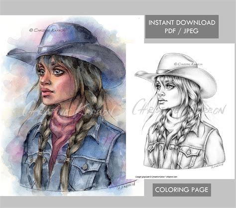 Cowgirl Coloring Page Grayscale Western Farm Girl Woman Hat Etsy Canada