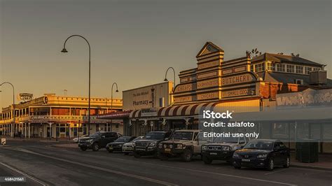 Cobar Historic Shopfronts And Great Western Hotel At Twilight Stock