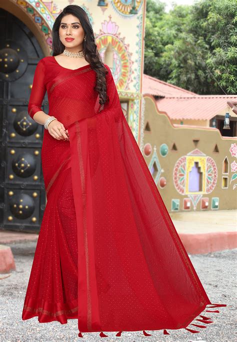 Embellished Satin Chiffon Saree In Red Scba1731