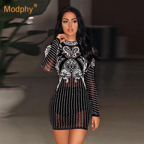 sexy black crystal beaded dress women s long sleeve perspective diamond mini dress club