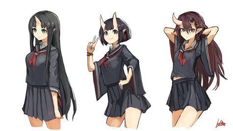 Lansane Original 3girls Arms Behind Head Black Hair Black Serafuku Black Skirt Blunt