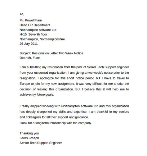 Free 5 Sample Resignation Letters 2 Week Notice Templates In Pdf Ms Word