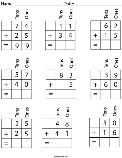 2 Digit Addition With Place Value Math Worksheet Twisty Noodle