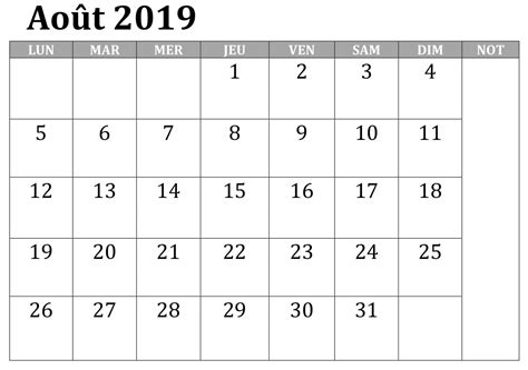 Août Gratuit Calendrier 2019 Printable Calendar Template Calendar