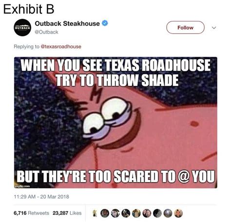 texas roadhouse  outback steakhouse  feuding  twitter  spongebob memes  idk anymore