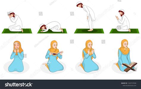 Namaz Positions For Islamic Men And Women Royalty Free Stock Vector 1329757838