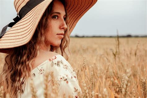 Woman Wheat Field Nature Happy Young Woman In Sun Hat In Summer Wheat