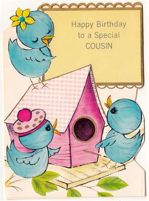 Vintage Greeting Card Happy Birthday Bird House Cute Bluebirds Happy