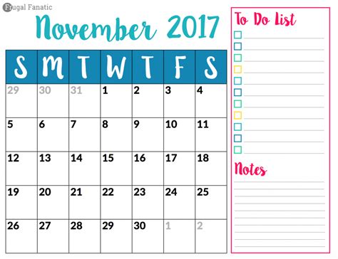 Free Blank November 2017 Calendar