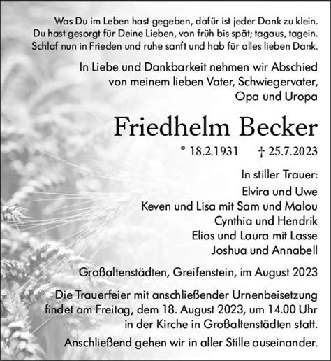 Traueranzeigen Von Friedhelm Becker Vrm Trauer De