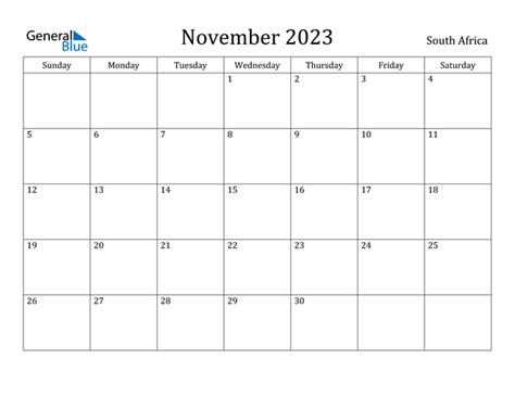 November 2023 Calendar With South Africa Holidays