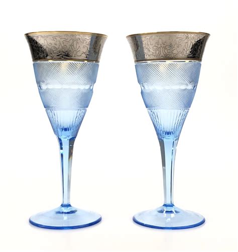 Lot 2pc Moser Splendid Aquamarine Gold Trimmed Water Goblets