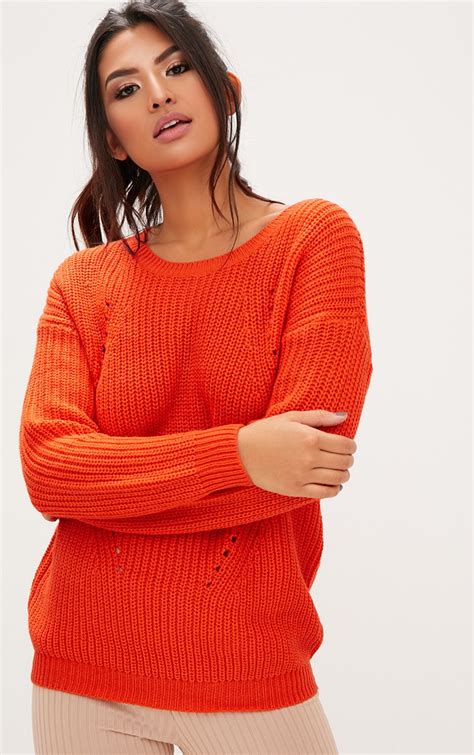 Orange Chunky Knit Jumper Knitwear Prettylittlething Aus