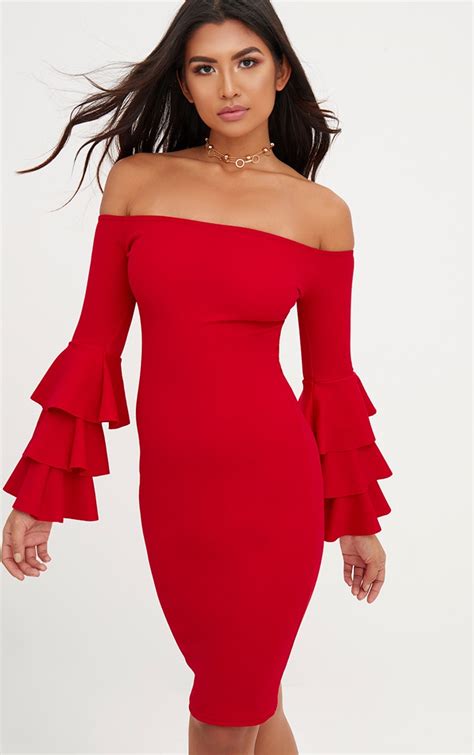 Red Bardot Ruffle Sleeve Midi Dress Dresses Prettylittlething Usa