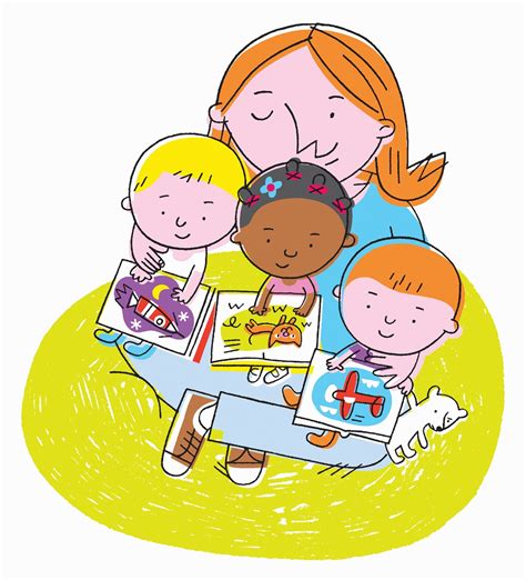 Nursery Teacher With Three Toddlers Sitting On Lap Reading Stock Images