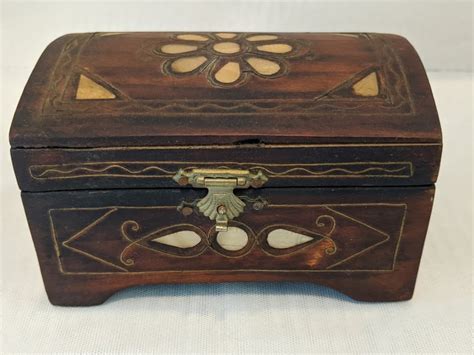 Vintage Folk Art Wood Trinket Box Wood And Bone Inlay Jewelry Box