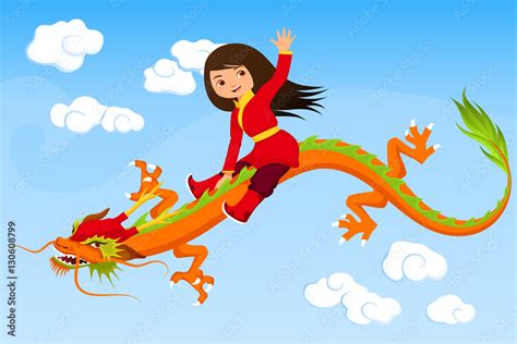 Cute Asian Girl Riding A Dragon Stock Vector Adobe Stock