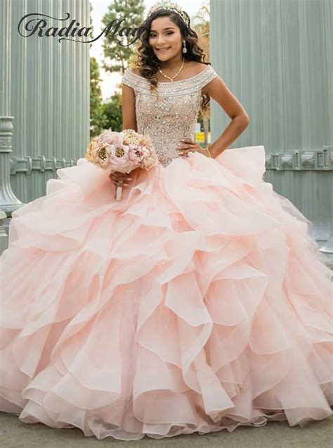 Luxury Crystal Beaded Debutante Ball Gowns Blush Pink Quinceanera Dresses 2019 Off Shoulder