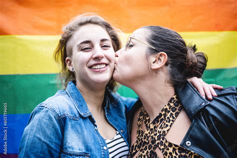 lgbt people activist for equality and rights two lesbian women kissing mixed age range fluid