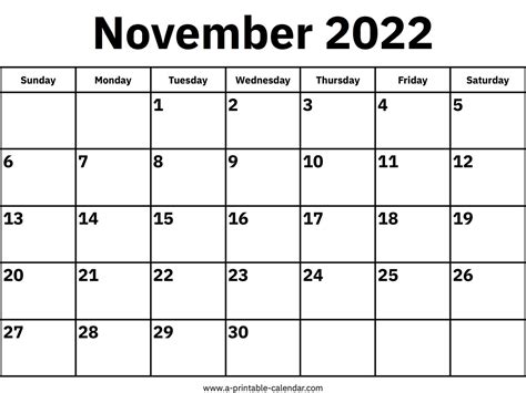 Printable Thanksgiving Calendar 2022