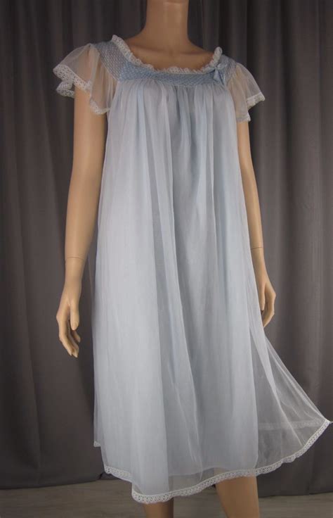 Vintage Blue Sheer Chiffon Overlay Nightgown Nightie Smocked Blue L Xl Xxl Night Gown Sheer