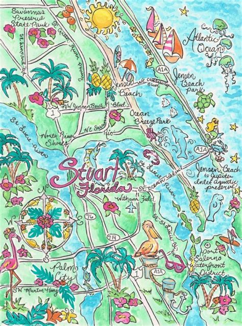 Watercolor Map Of Stuart Florida Etsy Map Showing Stuart Florida