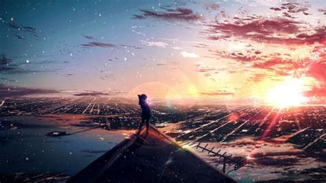 Wallpaper Anime Landscape Sunset Cityscape Scenery Sky Girl And Cat Wallpapermaiden