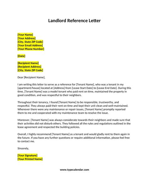 Free Printable Landlord Reference Letter Template Pdf Word Examples