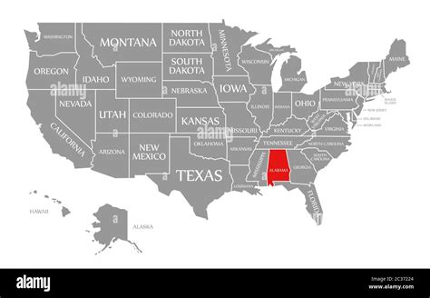 Alabama Red Highlighted In Map Of The United States Of America Stock