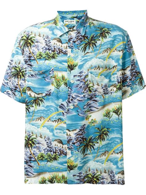 Very fashionable cat in a hawaiian shirt model. Lyst - Saint laurent Surf Print Hawaiian Shirt in Blue for Men