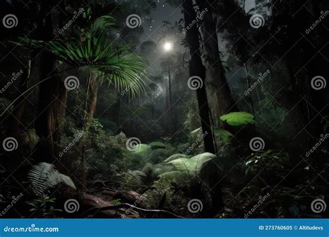 Dark Rainforest At Night With The Moon Shining Through The Towering