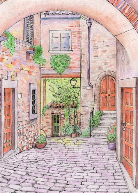 Courtyard Drawing Etsy