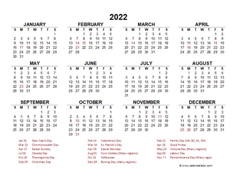 Canadian Calendar 2022