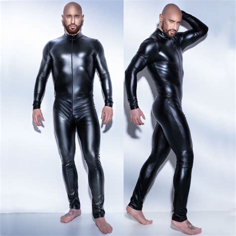 Buy Leather Men Latex Jumpsuit Sexy 3xl Catsuit Teddy Bodysuit Black Shiny