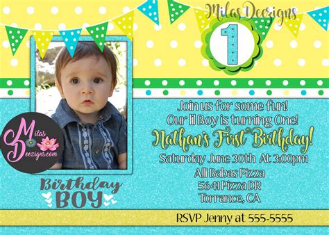 Boy 1st birthday invitation balloon 1st birthday invitation boy first birthday invitations baby boy blue invite simple modern printable. Baby Boy's First Birthday Invitation with photo Available online at WWW.MilasD… | Boy birthday ...