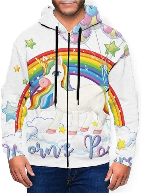 Mens Hoodies Unicorn Rainbow Star Cute 3d Printed Zip Up Sweatshirt