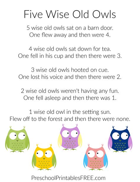 5 Wise Old Owls Poem Free Preschool Printables