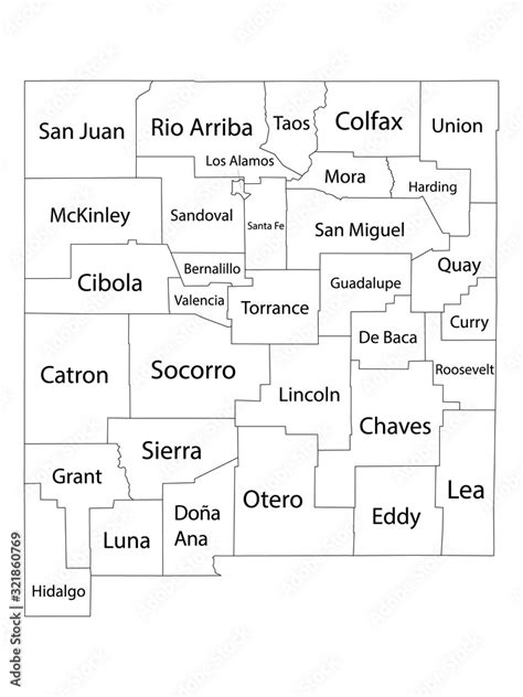 White Outline Counties Map With Counties Names Of Us State Of New Mexico Stock Vector Adobe Stock