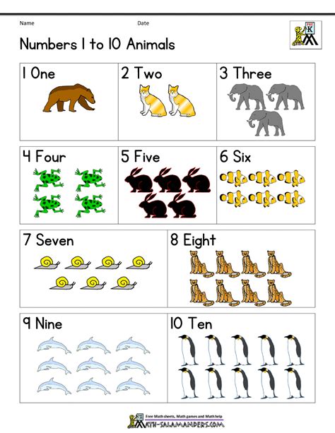 Pre K Number Worksheets To 10 Animals Col Kindergarten Math