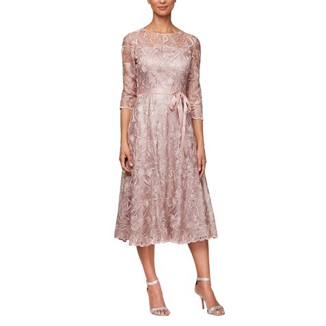 Alex Evenings Womens Tea Length Embroidered Dress Illusion Sleeves