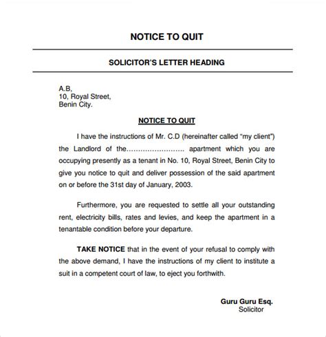 Sample Notice To Quit Letter To Tenant