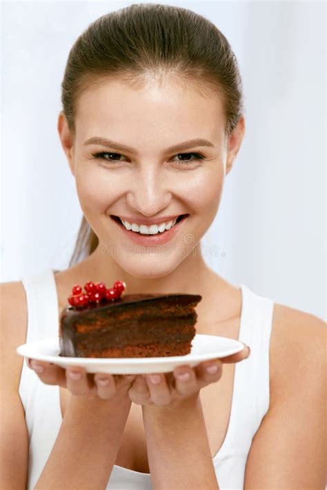 Dessert Woman Eating Chocolate Cake Stock Photo Image Of Smiling