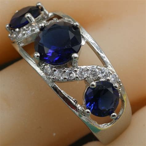 925 Sterling Silver Ring Geometric Blue Semi Precious Stone Ring Rings