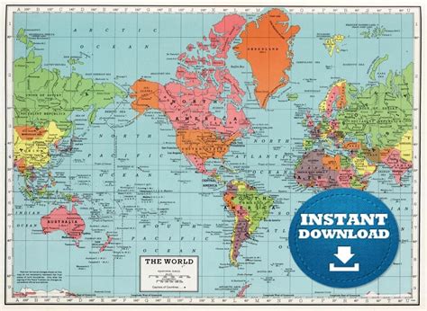 Digital Vintage Bright Colors World Map Printable Download, Vintage ...